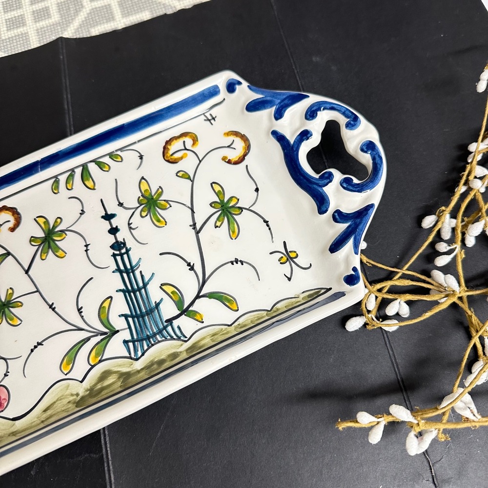 Sur la Table Appetizer Tray w/ Handles Portugal Stylized Foliage Folk Artsy - Picture 2 of 10